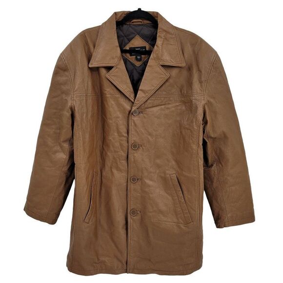 Vintage 70's Haband Executive Division Leather Jacket Button Western Camel L - Picture 1 of 13